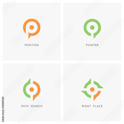 Position pointer logo set. Place or address symbol, path search and target sign - location, destination and navigation icons.