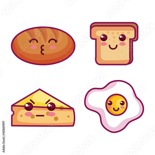 Colorful set of kawaii breakfast food over white background vector illustration