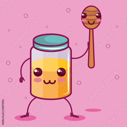 Kawaii honey jar and dipper over pink background vector illustration