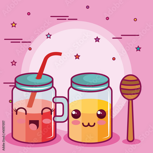 Kawaii smoothie with honey jar and dipper over pink background vector illustration