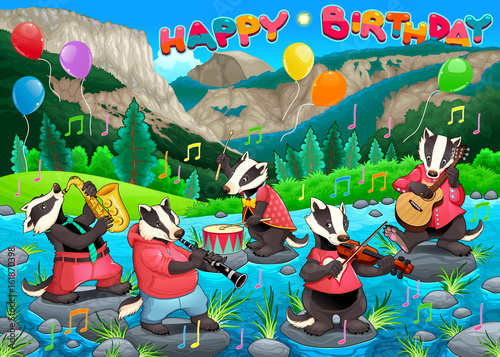 Happy Birthday card with funny badgers playing music
