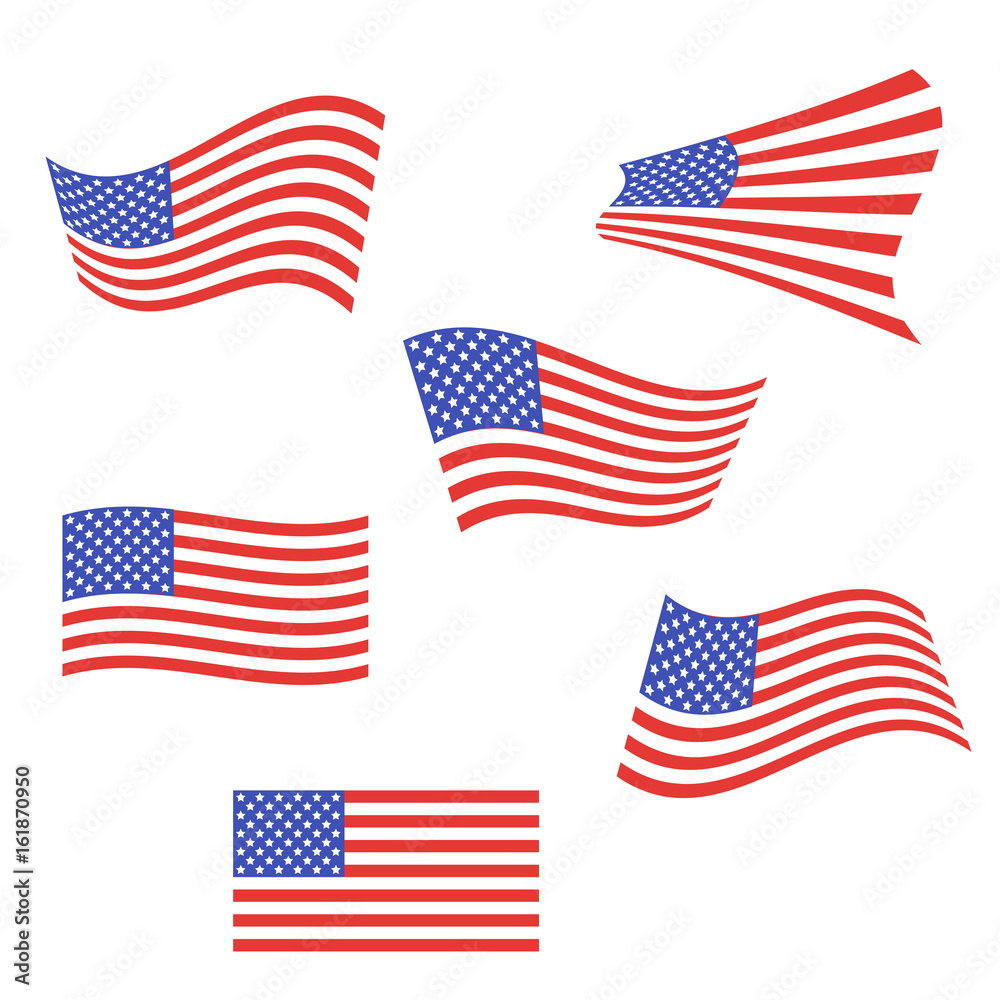 Set of American flags. US flags are flapping in the wind. Vector illustration Set of American flags. US flags are flapping in the wind. Vector illustration