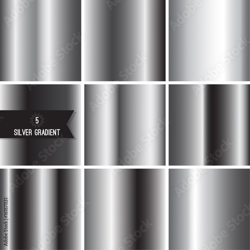 Set of silver foil texture background. Collection grey, chrome  vector elegant gradient. Aluminum industrial pattern design.
