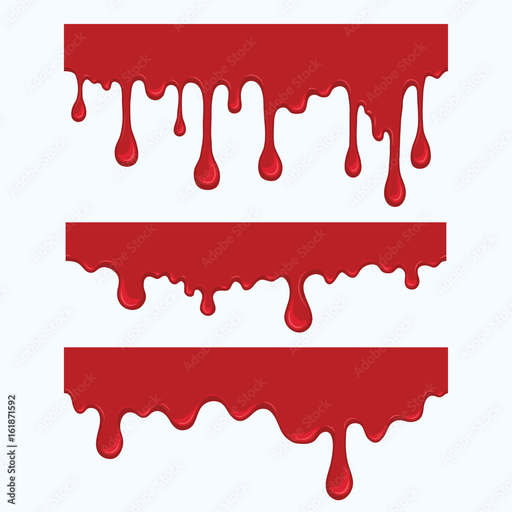 Set of cartoon blood drips. Red liquid drop and splash. Paint drips and flowing. Collection bloody element for halloween design. Abstract vector illustration isolated on white background.