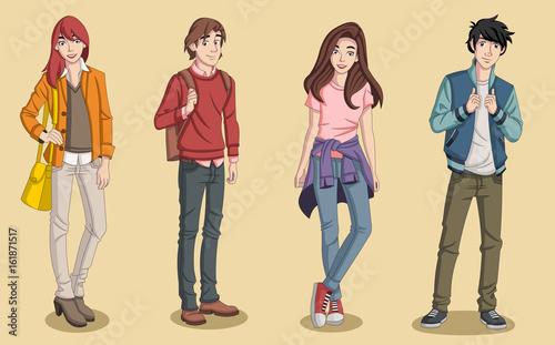 Group of cartoon young people. Teenagers.