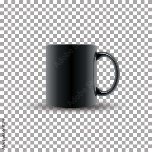 Realistic black ceramic cup on transparent background. Vector illustration.