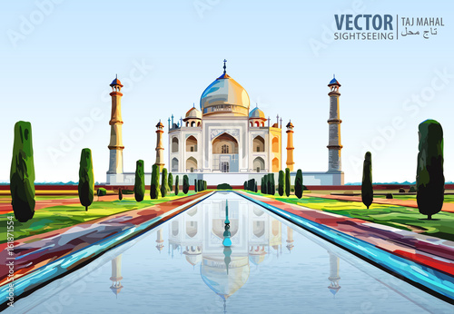 The Taj Mahal. White marble mausoleum on the south bank of the Yamuna river in the Indian city of Agra, Uttar Pradesh. Temple. Ancient Palace. Vector illustration.
