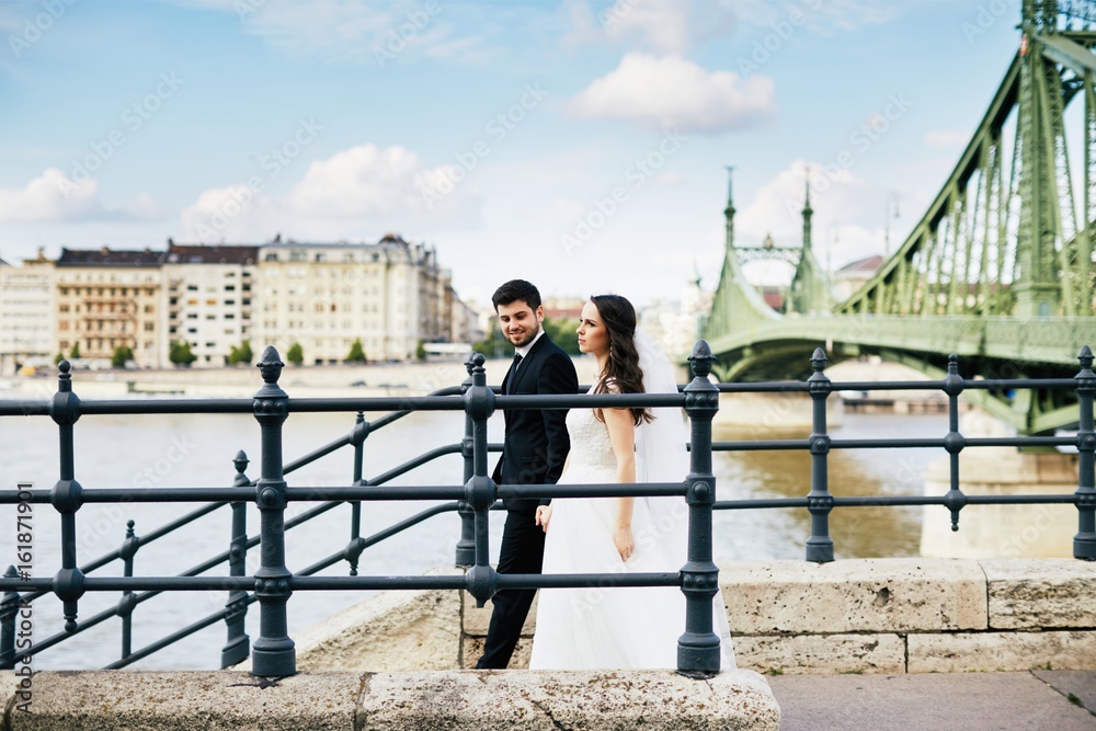 Wedding photo at old city background