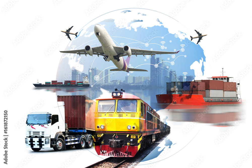 Naklejka premium Globalny biznes pociągu towarowego kontenerowego do eksportu logistycznego, koncepcja logistyki biznesowej, przewóz ładunków lotniczych, transport kolejowy, wysyłka morska, dostawa na czas