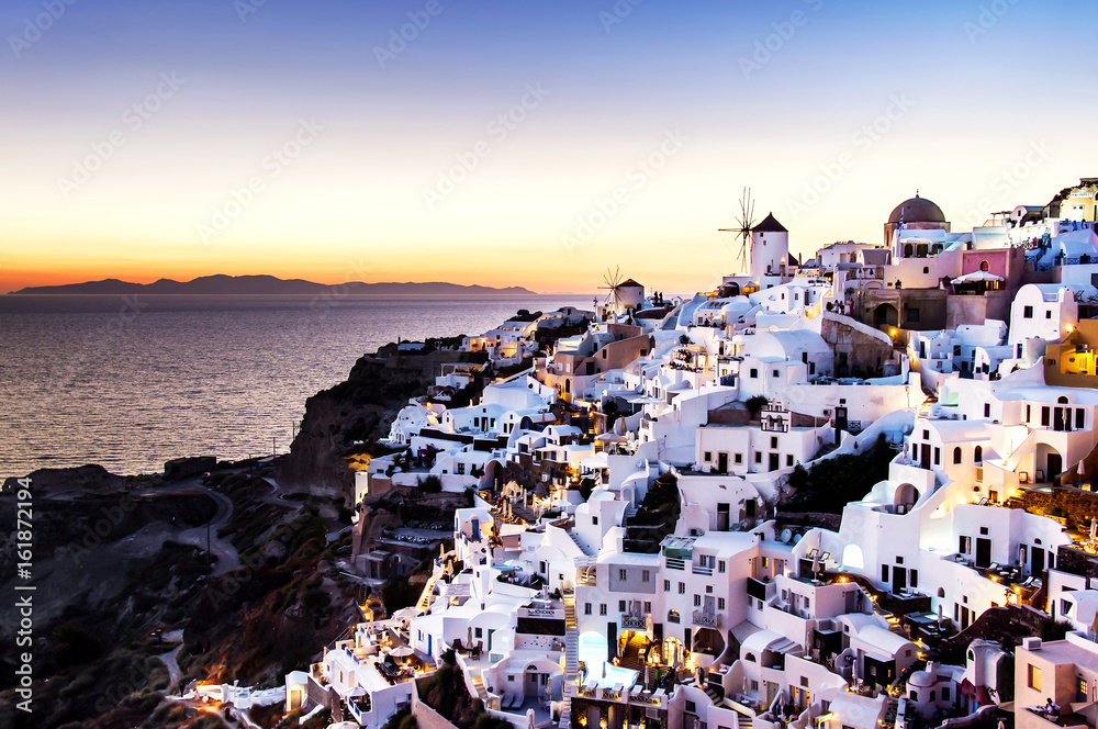 
Beautiful sunset on the island of Santorini, Greece. A view of the village of Oia.