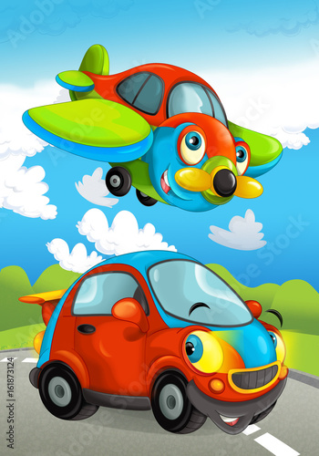 Cartoon sports car smiling and looking on the road and plane flying over - illustration for children