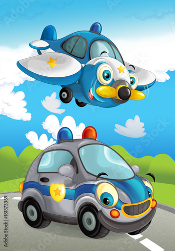 Cartoon police car smiling and looking on the road and flying over - illustration for children
