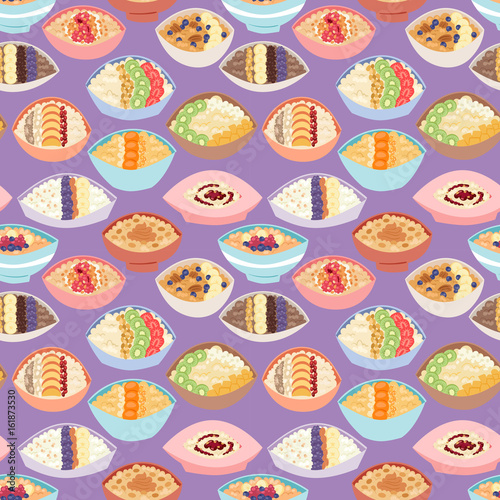 Cartoon seamless pattern healthy oatmeal porridge kasha pap morning cereal meal vector illustration.