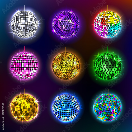 Disco balls vector illustration of discotheque dance and music party equipment round shiny entertainment.