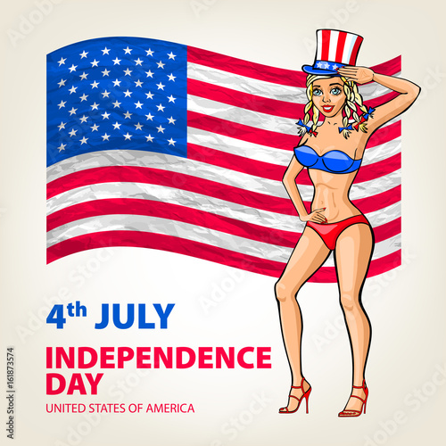 illustration of a US pin girl, fourth of July celebrating Independence Day Vector Poster. 4th of July Lettering. American Red Flag on Blue Background with Stars photo