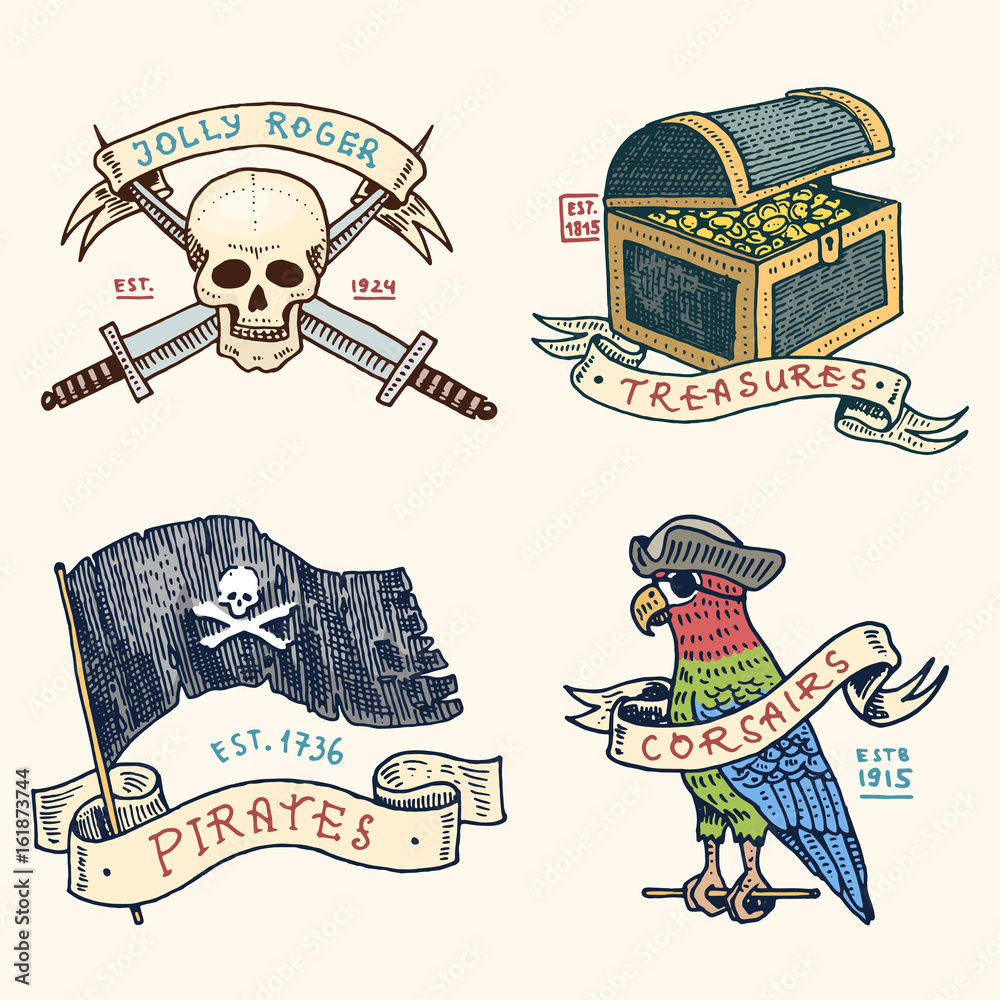 Obraz premium set of engraved, hand drawn, old, labels or badges for corsairs, skull at anchor, treasures, flag , Caribbean parrot. Jolly roger. Pirates marine and nautical or sea, ocean emblem.
