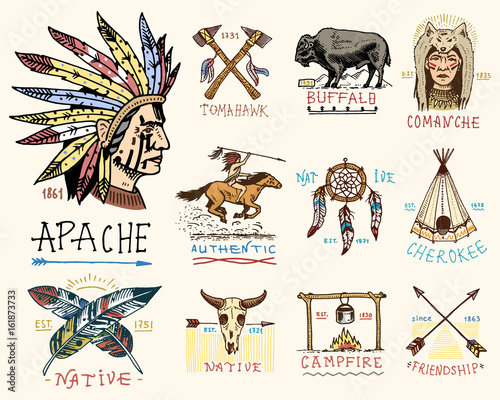 set of engraved vintage, hand drawn, old, labels or badges for indian or native american. buffalo, face with feathers, horse rider, apache or comanche, campfire and authentic.