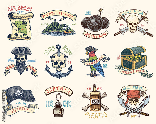 set of engraved, hand drawn, old, labels or badges for corsairs, skull at anchor, map to treasure, black beard, Caribbean island. Jolly roger. Pirates marine and nautical or sea, ocean emblem.