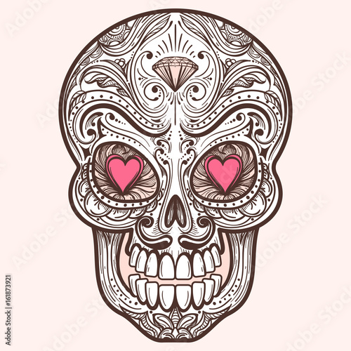 Cute mexican sugar skull with hearts and diamond, vector illustration