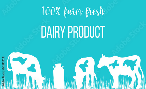Cows silhouettes and a milk can on blue background.