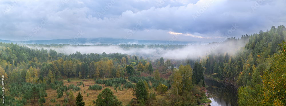 Panorama of autumn forest in a natural park of deer streams