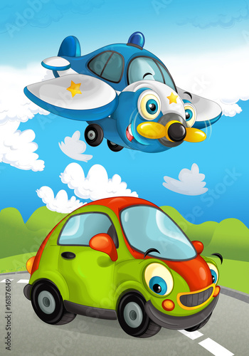 Cartoon sports car smiling and looking on the road - illustration for children