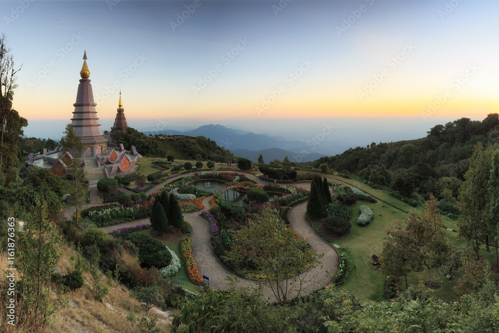 landmark of two pagoda at mountain names Intranon and flower garden