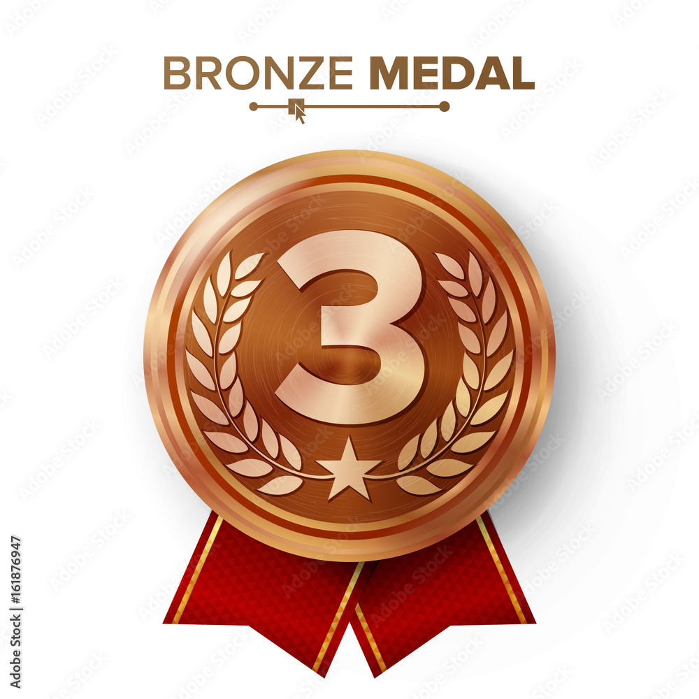 Bronze 3st Place Medal Vector. Metal Realistic Badge With Third