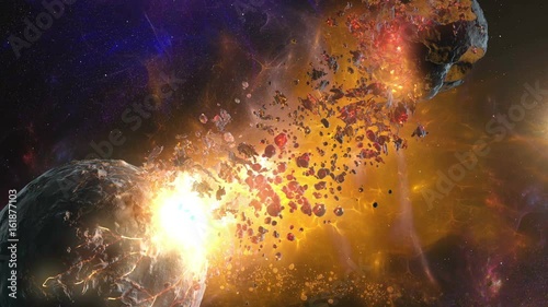 4K Destruction planet and moon in nebula 3D animation