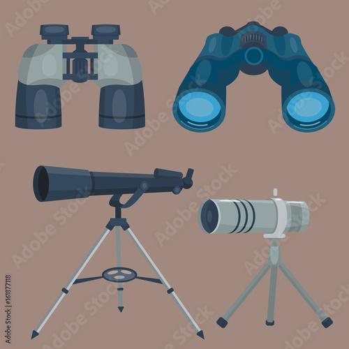 Professional camera lens binoculars glass look-see spyglass optics device camera digital focus optical equipment vector illustration