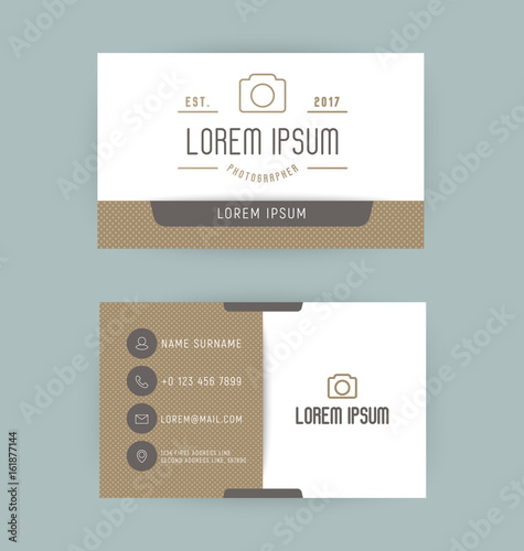 Business card with logo for photographer with thin line icon of camera. Minimalistic simple vector illustration.