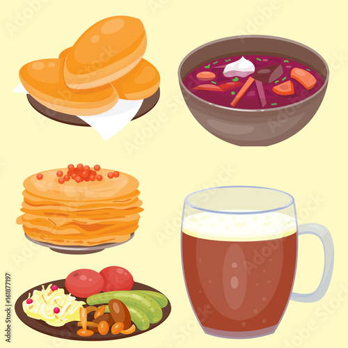 Traditional Russian cuisine culture dish course food welcome to Russia gourmet national meal vector illustration