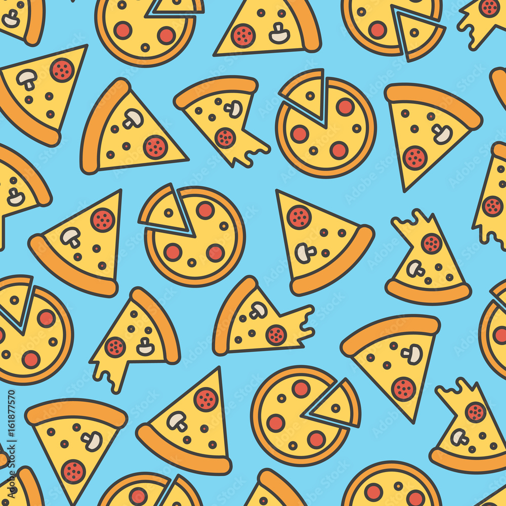 Pizza slice seamless pattern on blue background. Thin line vector illustration. Pizza slice seamless pattern on blue background. Thin line vector illustration.