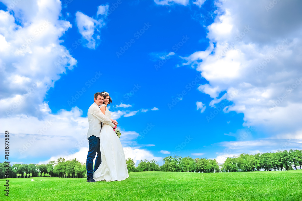 Young and handsome newlyweds on a walk in the park: groom hugs the bride Young and handsome newlyweds on a walk in the park: groom hugs the bride