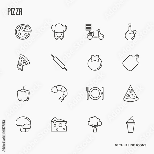 Pizza cooking related thin line icons: tomato, cheese, shrimp, delivery, mushrooms, chef, bike. Vector illustration.