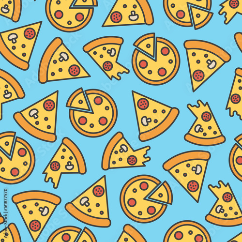 Pizza slice seamless pattern on blue background. Thin line vector illustration.