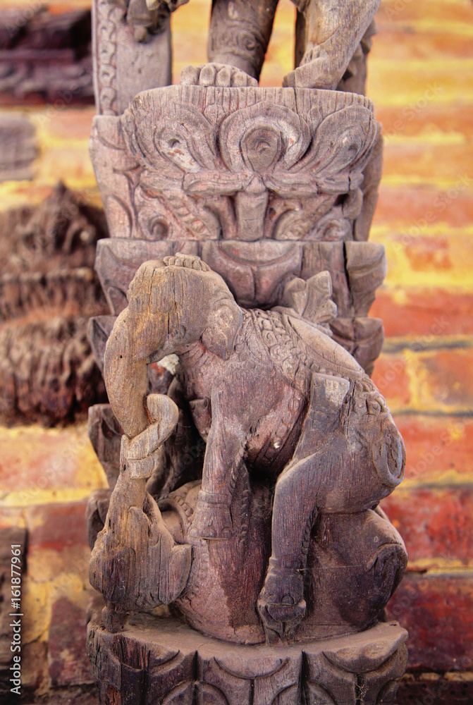 Anthropomorphic elephants. Wood carving on a temple in Bhaktapur