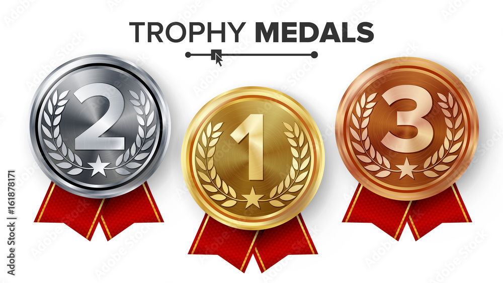 Gold, Silver, Bronze Medals Set Vector. Metal Realistic Badge With First,  Second, Third Placement Achievement. Round Label With Red Ribbon. Winner  Prize. Competition Game Golden, Silver, Bronze Trophy Stock-vektor | Adobe  Stock