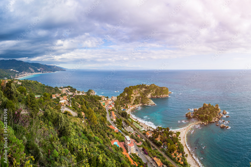 Taormina, Sicily - Beautiful landscape view of Mazzaro and Isola Bella Sicilian island of the mediterranean with beach and turquoise sea water