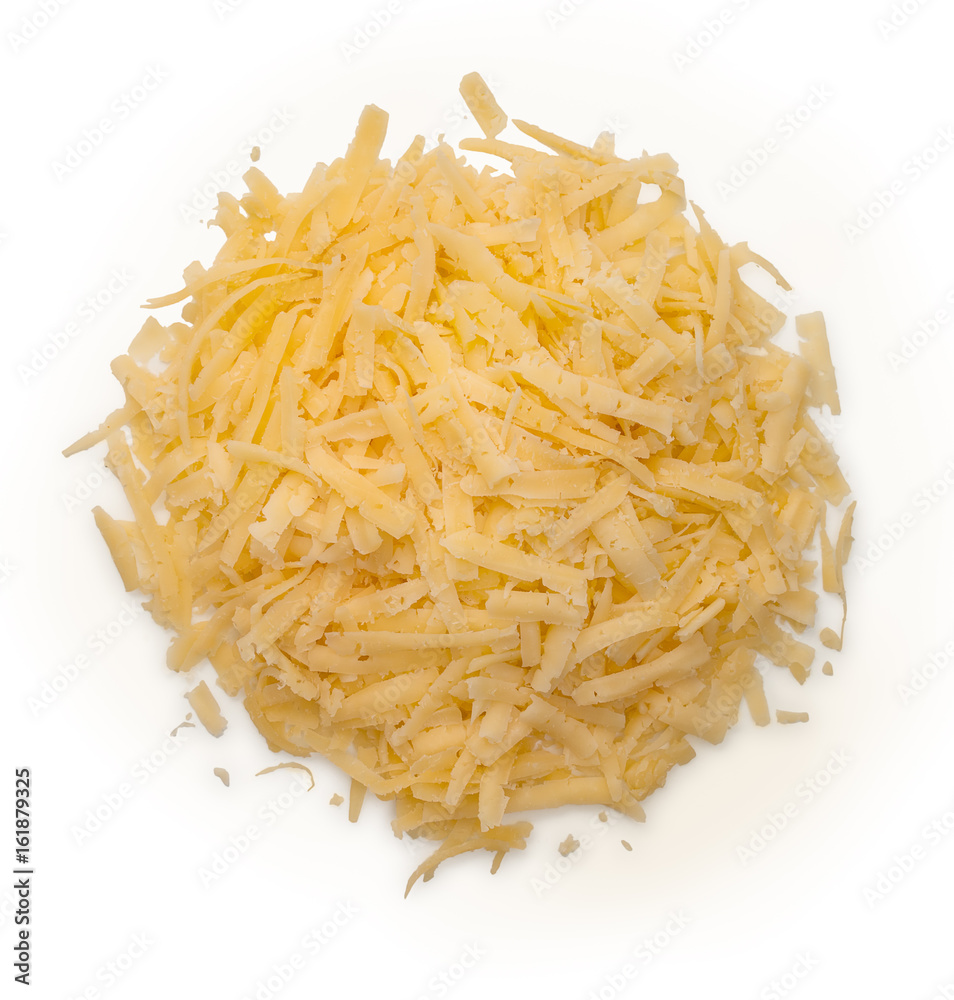 Heap of grated cheese isolated on a white background, top view, close up. Heap of grated cheese isolated on a white background, top view, close up.