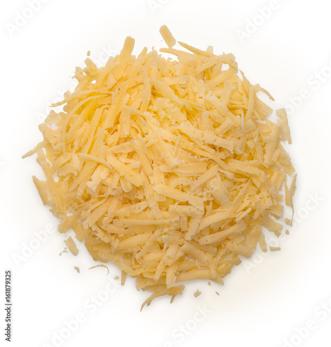 Heap of grated cheese isolated on a white background, top view, close up.