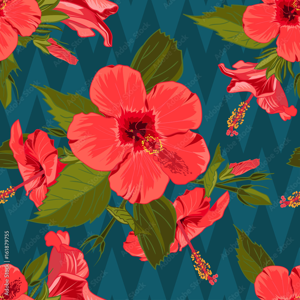 Seamless hand drawn tropical pattern with jungle exotic hibiscus flower on dark geometric background