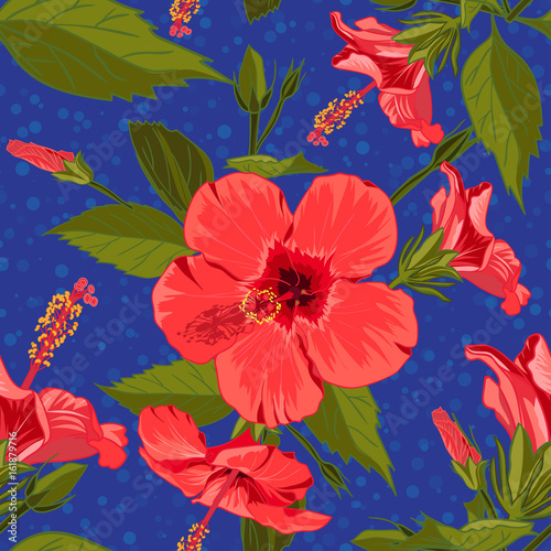 Fototapeta Naklejka Na Ścianę i Meble -  Seamless hand drawn tropical pattern with jungle exotic hibiscus flower on dark blue background