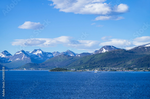 Norwegian fjord landscape  Romsdalfjord with village of Vestnes 