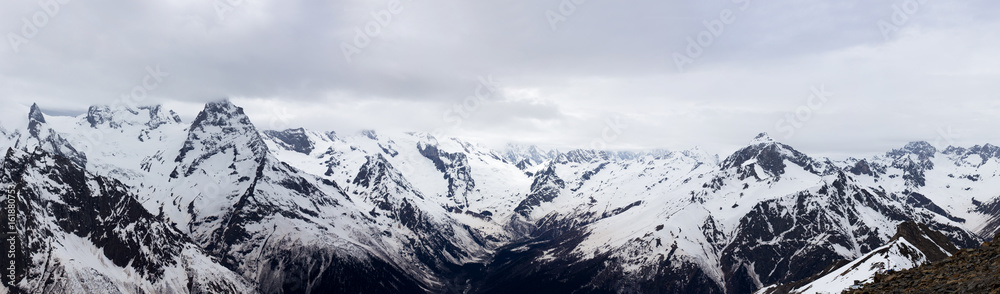 Panorama of the Caucasus mountains. The Dombai mountain landscape