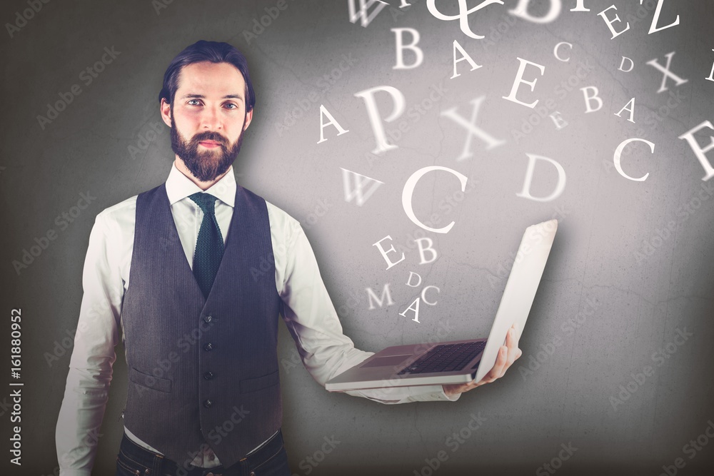 Composite image of portrait of businessman holding laptop Composite image of portrait of businessman holding laptop