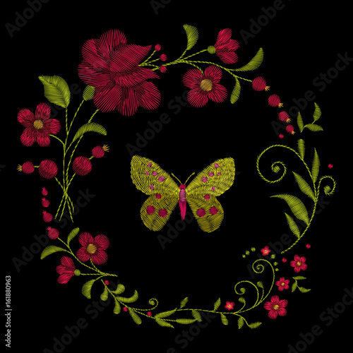 Traditional folk fashionable stylish embroidery on the black background. Butterfly insect. sticker. Sketch for printing on clothing, fabric, accessories and design. vector