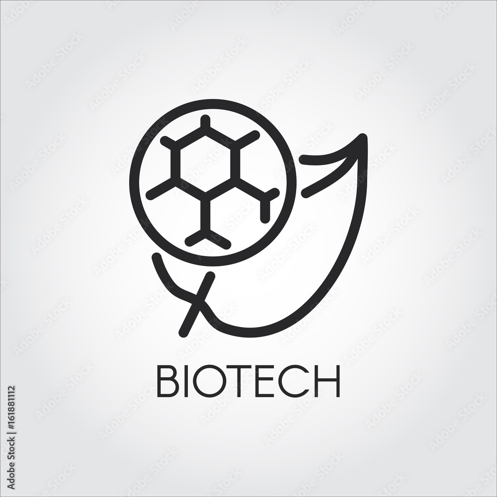 Line icon of leaf and molecule symbolizing biotech. Simplicity black emblem of biotechnology concept. Connecting science, nature and molecular chemistry theme. Vector logo Line icon of leaf and molecule symbolizing biotech. Simplicity black emblem of biotechnology concept. Connecting science, nature and molecular chemistry theme. Vector logo