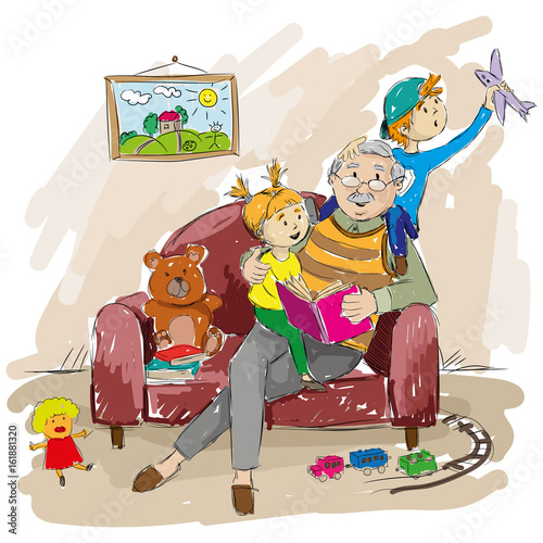 Grandfather and grandchildren. Reading books and fairy tales. Family and traditions. vector