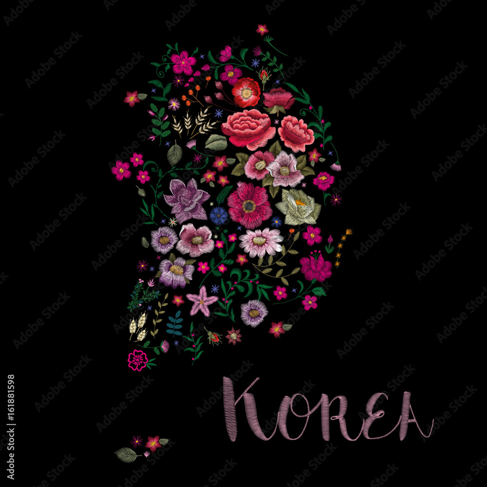 Map of Korea. Traditional folk fashionable stylish floral embroidery stitch on a black background. Sketch for printing on clothing, fabric, accessories and design. Trend vector